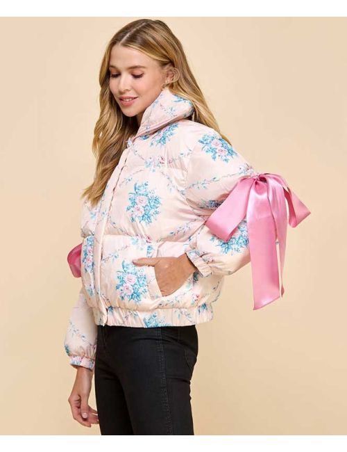 【LUVISTRUE】AM RIBBON FRILL PUFFER JACKET / 追跡付 Floral Bow Sleeve Puffer Jacket