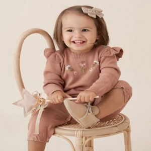 Rust Floral Embroidered Knit Baby Jumpsuit