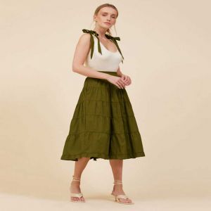 White Ribbed and Olive Tiered Midi Dress