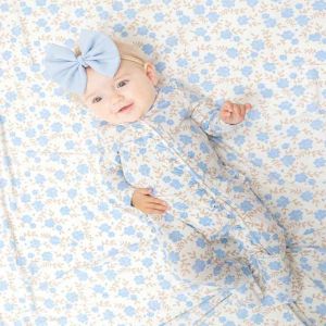 Baby Blue Floral Ruffle Bottom 2 Way Zipper  Footie
