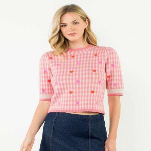 Pink Plaid Heart Embroidered Sweater