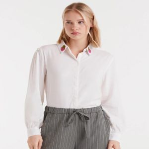White Blouse with Stitched Strawberry Collar Detail