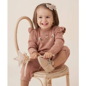 Rust Floral Embroidered Knit Baby Jumpsuit