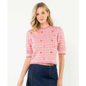 Pink Plaid Heart Embroidered Sweater